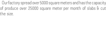  Our factory spread over 5000 square meters and has the capacity of produce over 25000 square meter per month of slabs & cut the size.